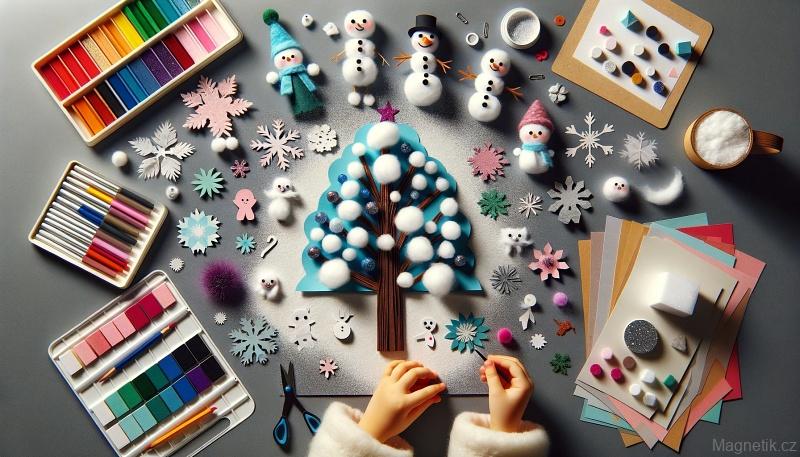 Zimní magnetické dekorace, strom a sněhuláci